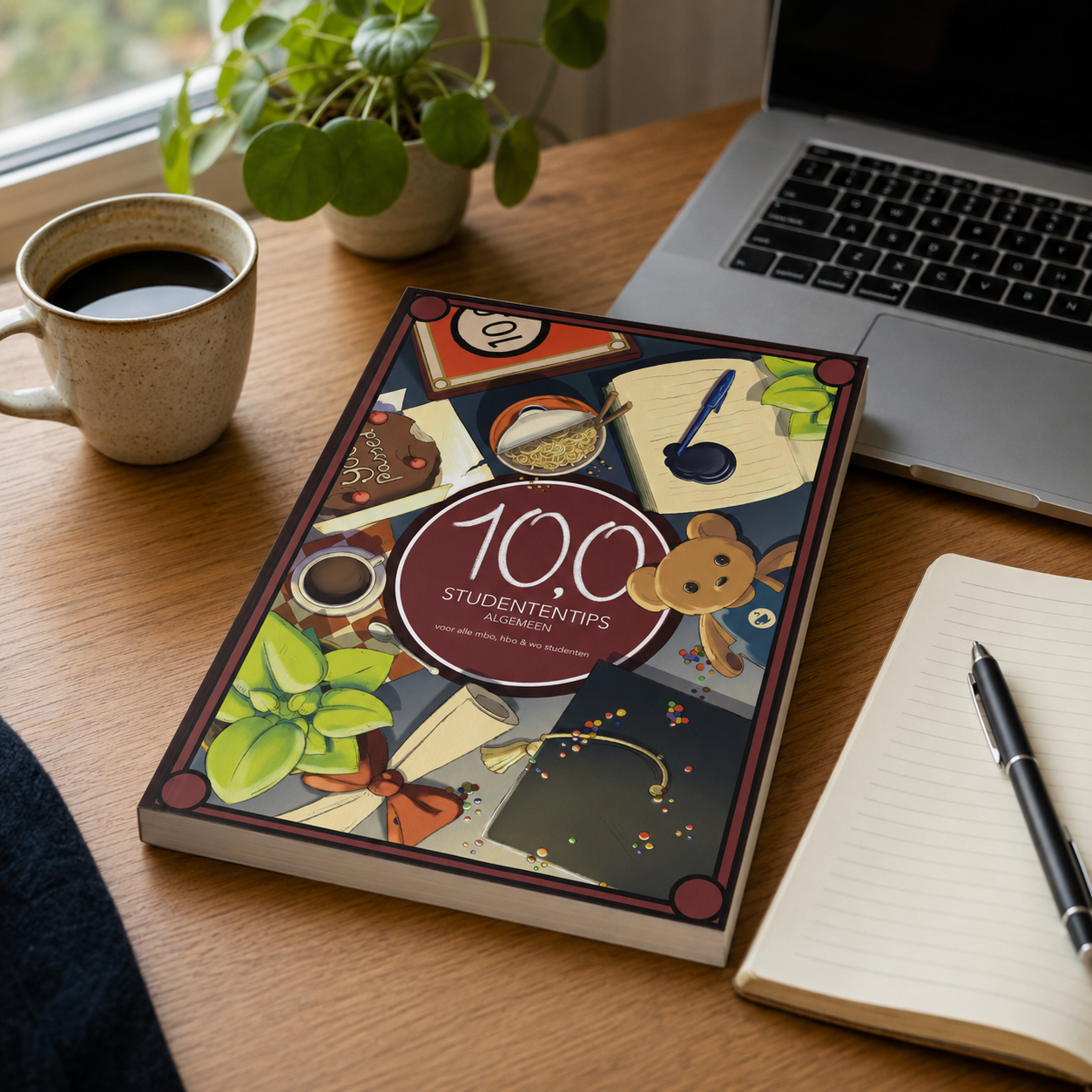 Boek 10,0 Studententips op een studentendesk met laptop, koffie en notitieboek