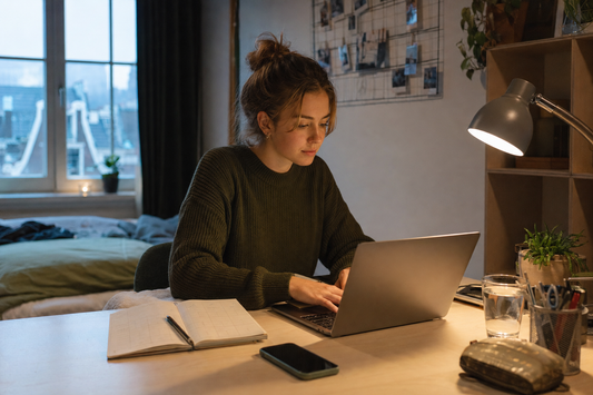 Student begint geconcentreerd aan een studieopdracht na het wegleggen van de telefoon.