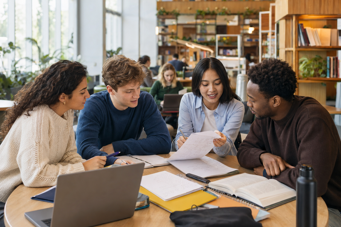 Vier studenten leren samen en bespreken hun aantekeningen in een universiteitsbibliotheek.