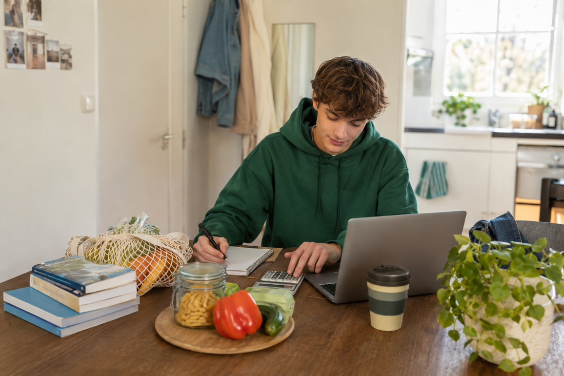 Student maakt thuis een budget met een laptop, rekenmachine, studieboeken en boodschappen.