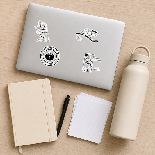Vier zwart-witte studentenstickers op een laptop naast studiematerialen